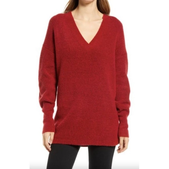 😊 Nordstrom Halogen Cozy V-Neck Tunic Sweater Red Women's Size Small - Picture 1 of 4
